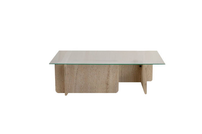Nordure Mesa de Centro Flavio Mármol Travertino Tapa Cristal Templado Marco Melamina 105x30x65 cm